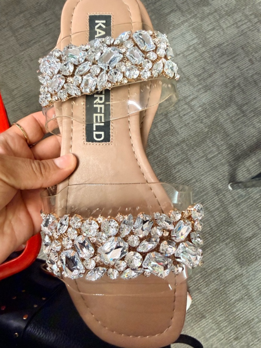 Karl Lagerfeld Blush Nude Slide Sandals with Crystal Embellishments